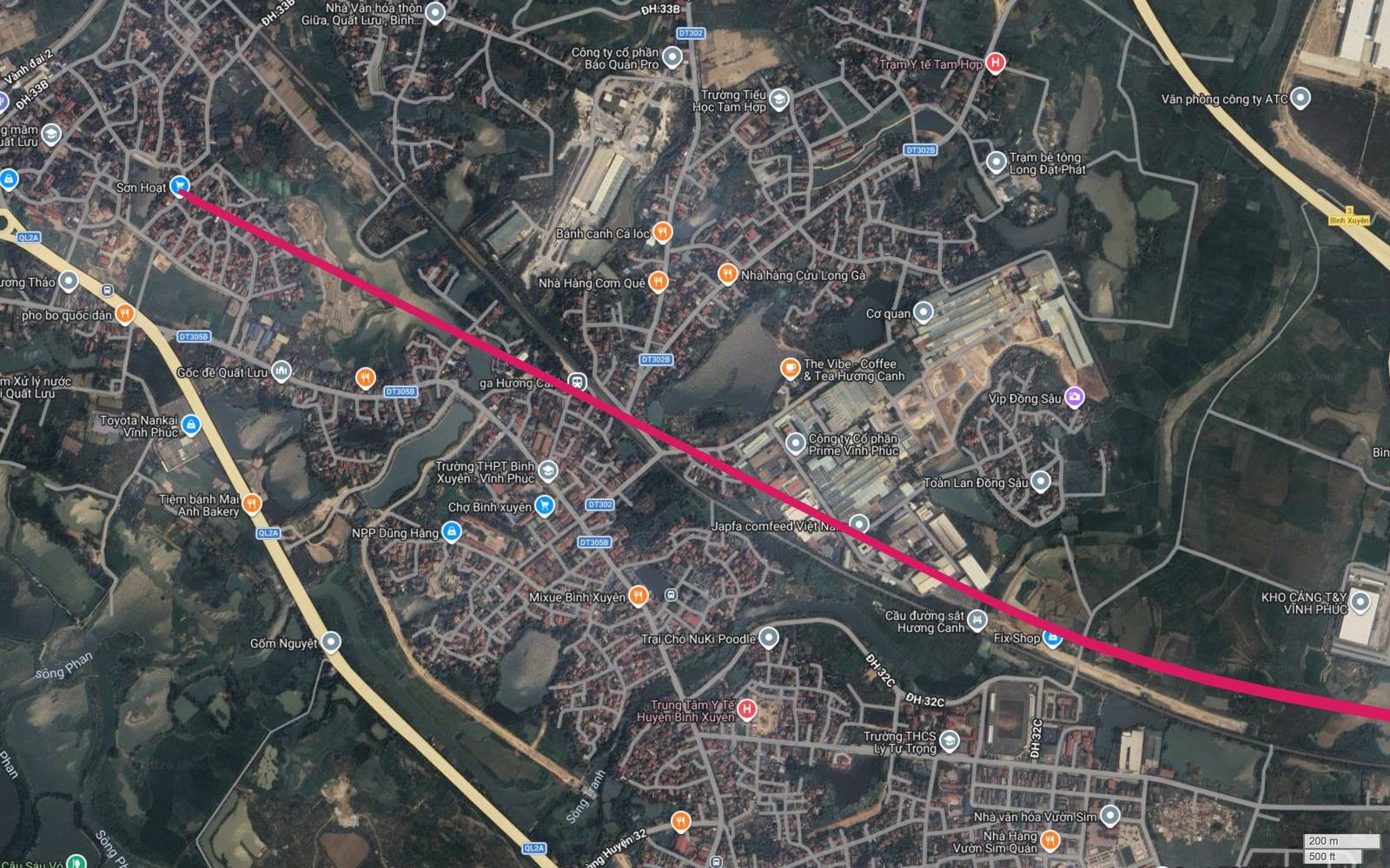 Ảnh vệ tinh điểm đầu tuyến metro số 1 tại Hương Canh với ga Hương Canh của tuyến đường sắt Hà Nội Lào Cai