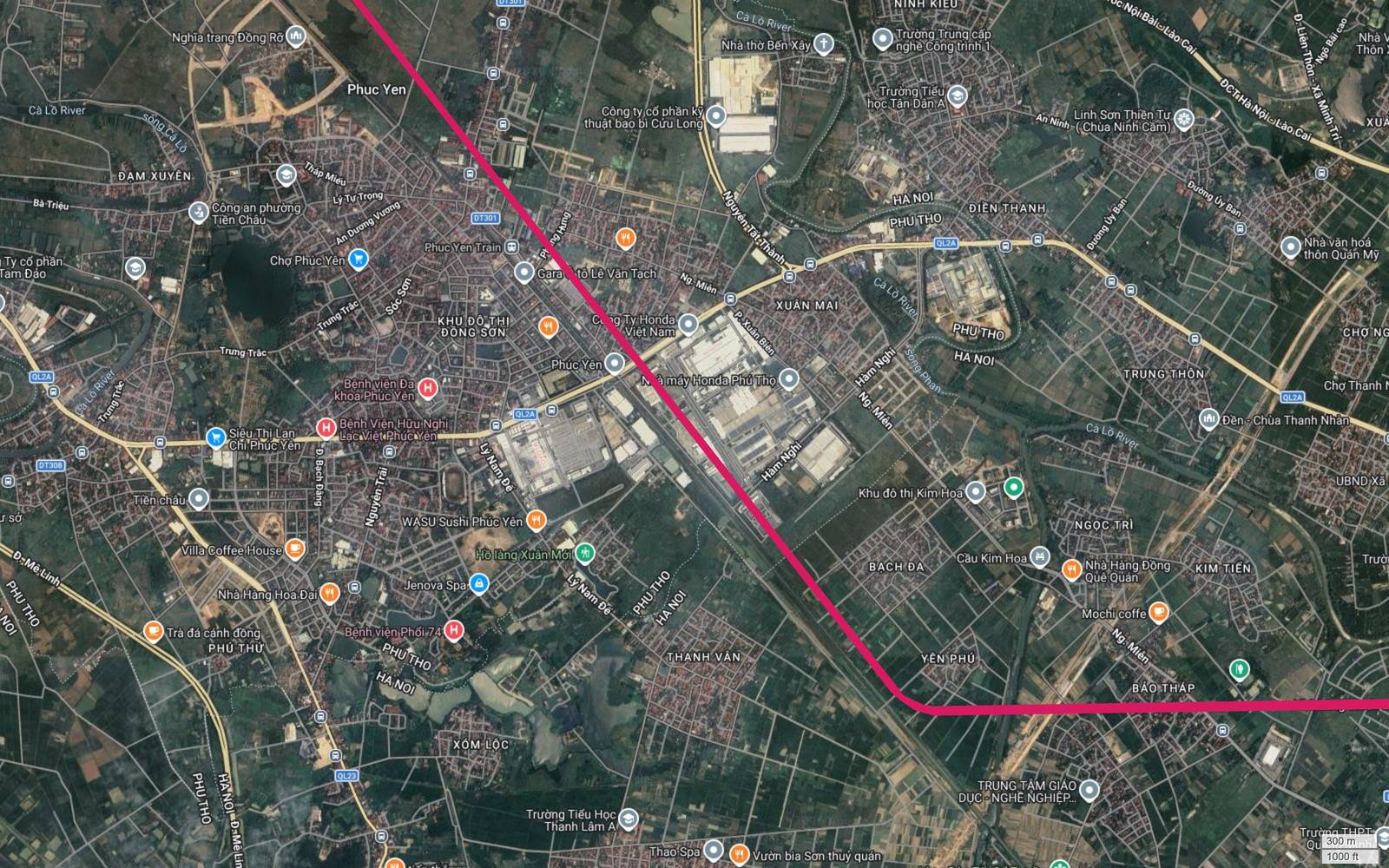 Ảnh vệ tinh tuyến metro số 1 đi qua rìa đông trung tâm Phúc Yên, ngang ga Phúc Yên và chợ Phúc Yên