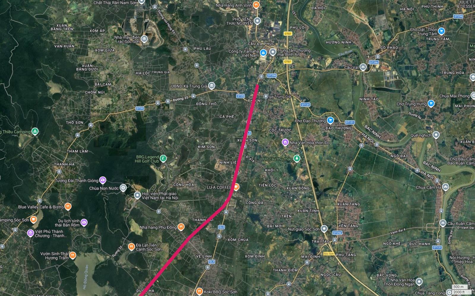 Ảnh vệ tinh điểm cực bắc tuyến metro số 1 tại Trung Giã cạnh ga Trung Giã và cầu Đa Phúc bắc qua sông Cầu