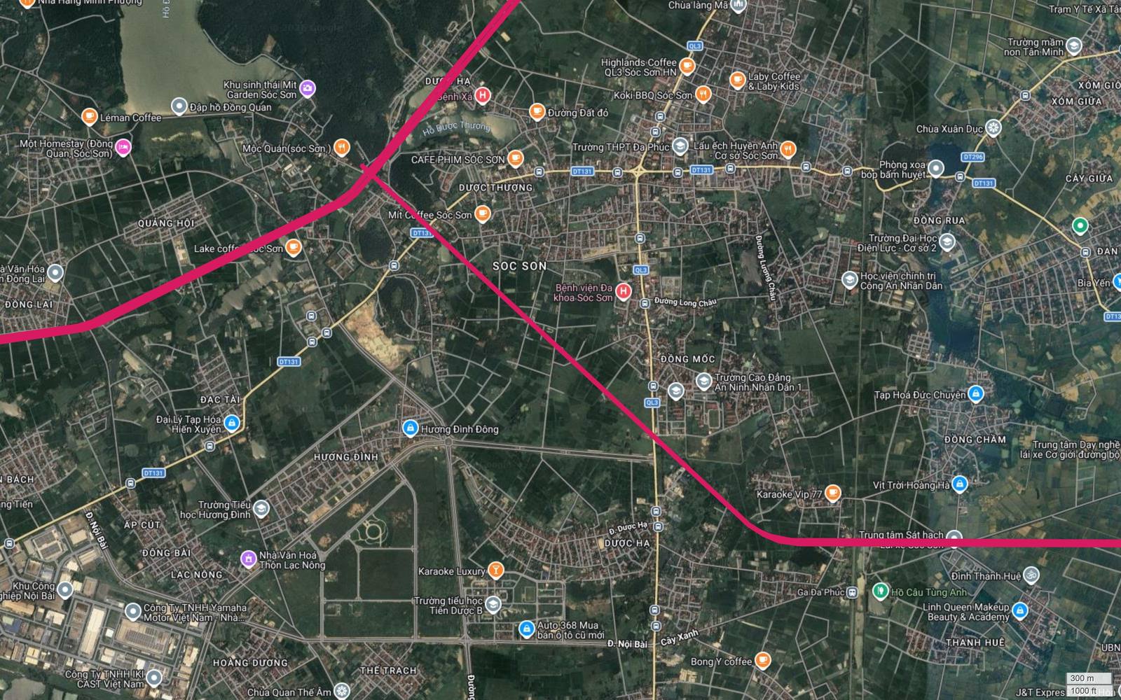 Ảnh vệ tinh thị trấn Sóc Sơn với ga Đa Phúc và điểm bẻ hướng của tuyến metro số 1 tại Dược Hạ