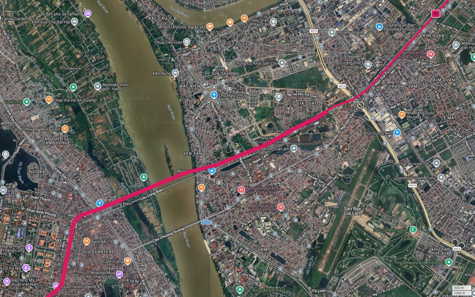 Ảnh vệ tinh tuyến metro số 1 qua ga Gia Lâm, bến xe Gia Lâm, nhà máy xe lửa Gia Lâm và cầu Long Biên