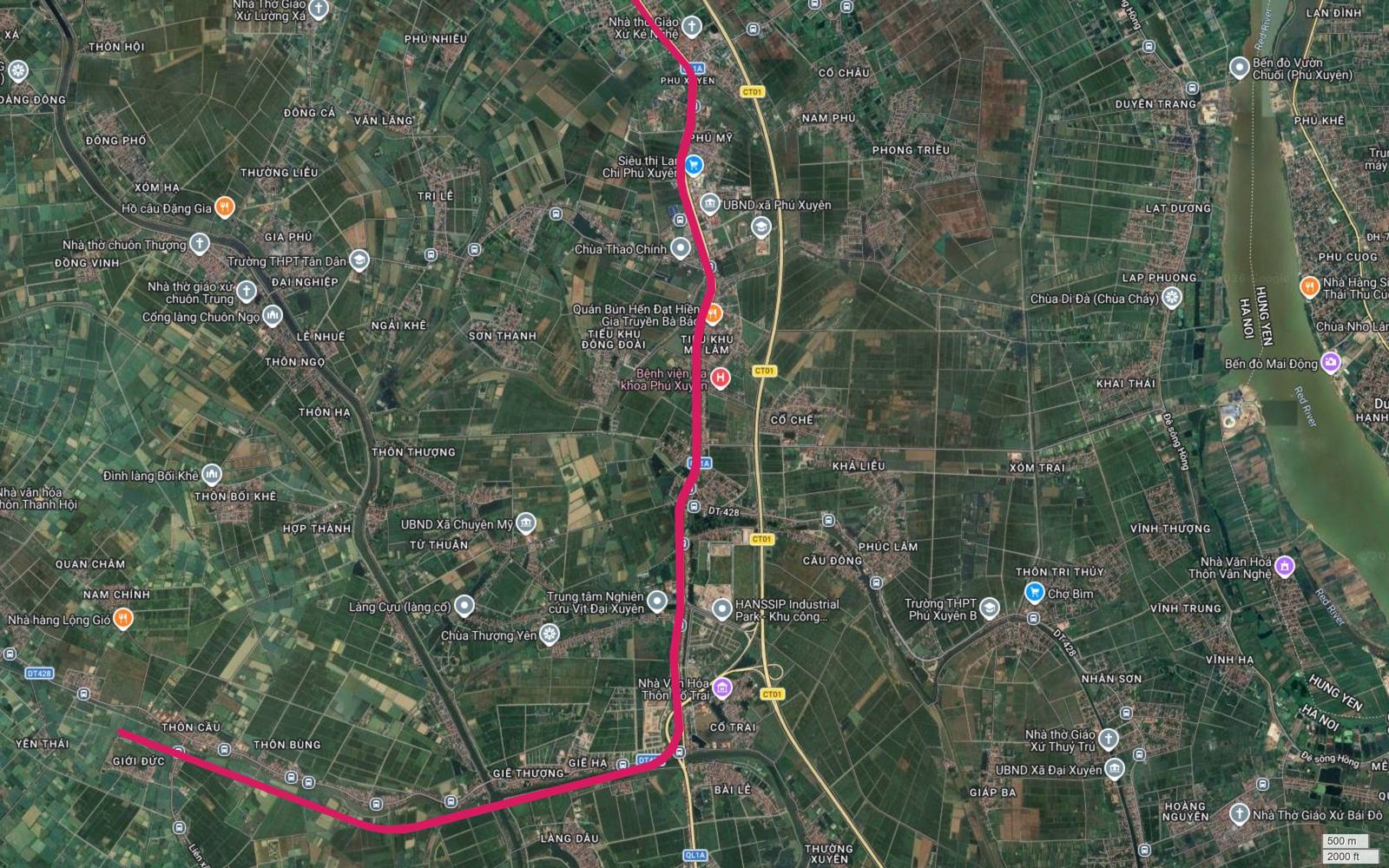 Ảnh vệ tinh thị trấn Phú Xuyên với chuỗi bến đò dọc sông Hồng ở phía đông hành lang metro số 1