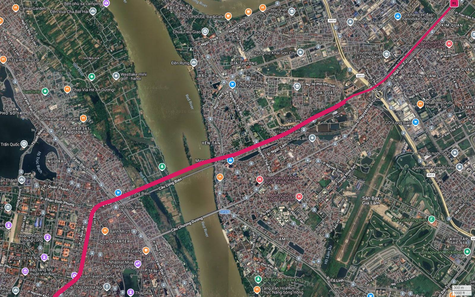 Ảnh vệ tinh cầu Long Biên, ga Long Biên, sân bay Gia Lâm và bến xe Gia Lâm trên hành lang metro số 1