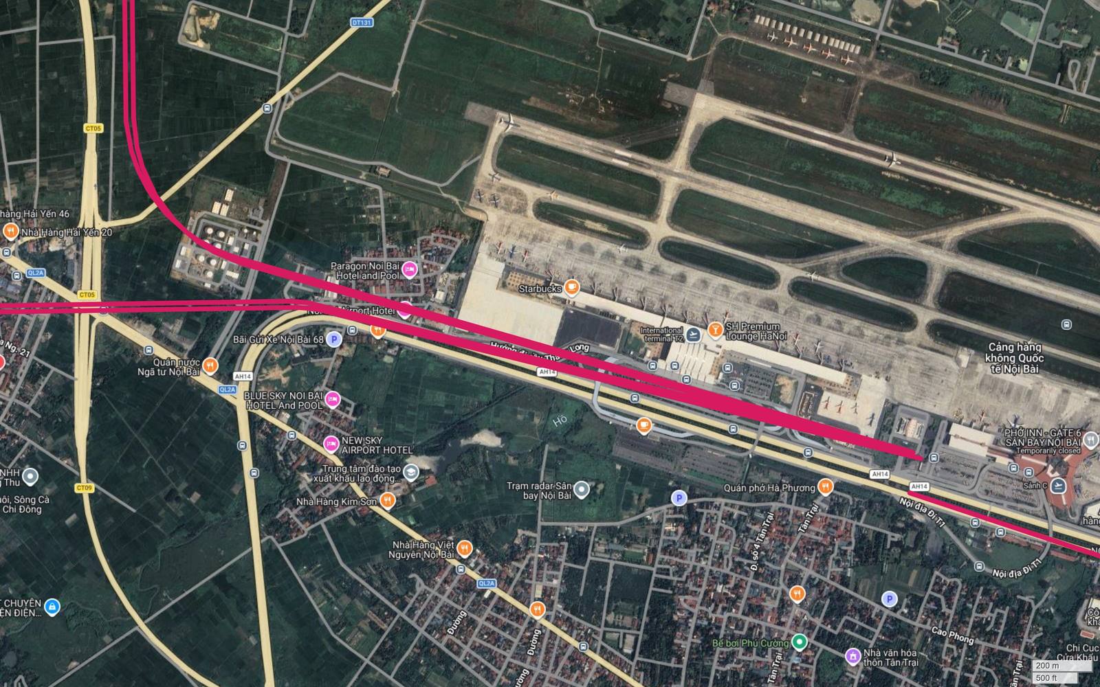Ảnh vệ tinh khung cuối tuyến metro số 1 kết thúc trước nhà ga T2 Cảng hàng không quốc tế Nội Bài